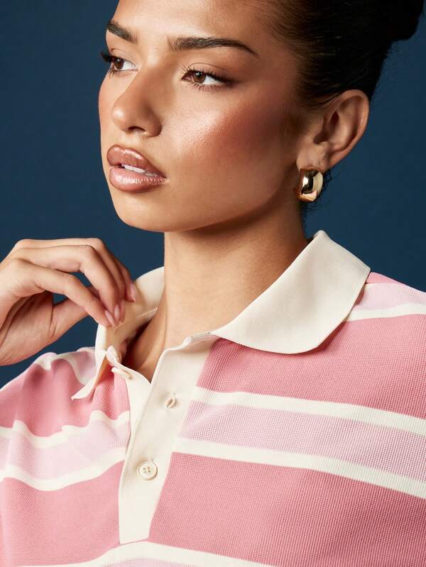 Missguided MISSGUIDED Striped Rugby Polo Crop Top With Collar And Buttons
