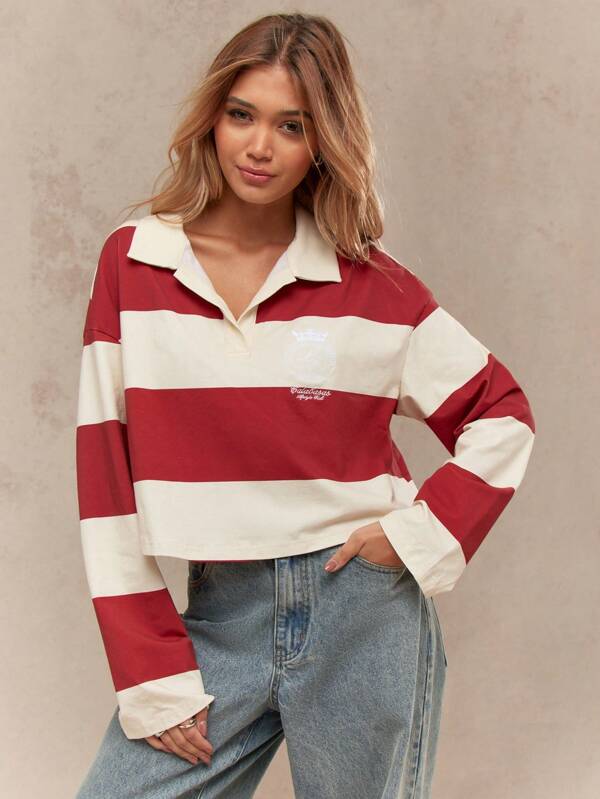 missguided MISSGUIDED Striped Rugby Polo Crop Top With Collared Neckline