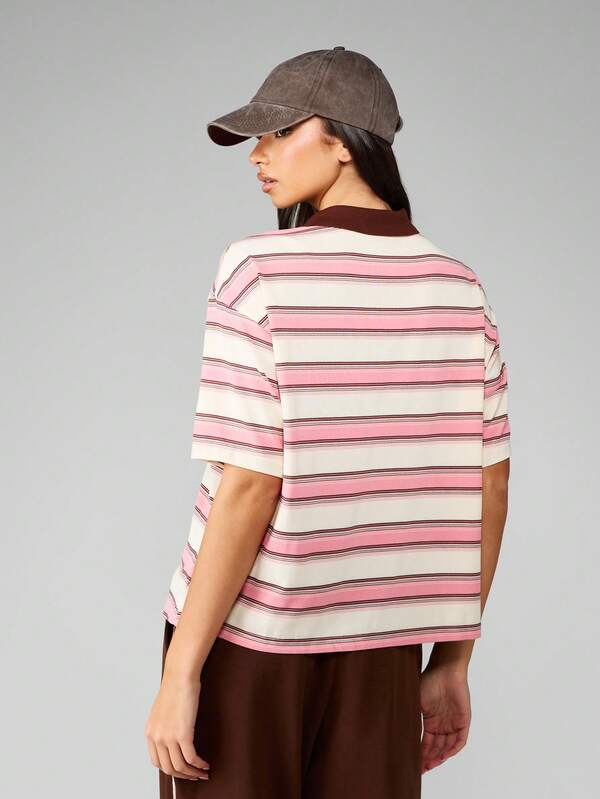 Missguided MISSGUIDED Striped Rugby Polo Shirt With Brown Collar