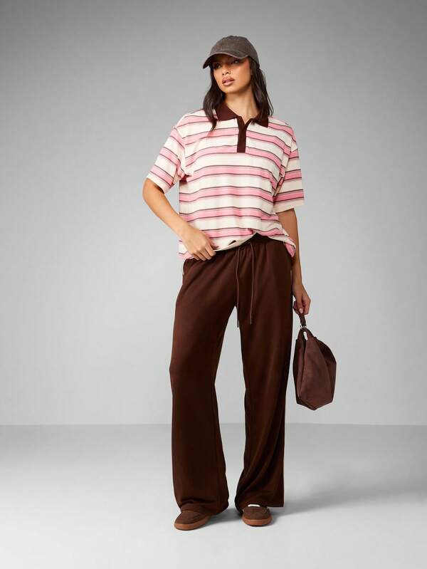 Missguided MISSGUIDED Striped Rugby Polo Shirt With Brown Collar
