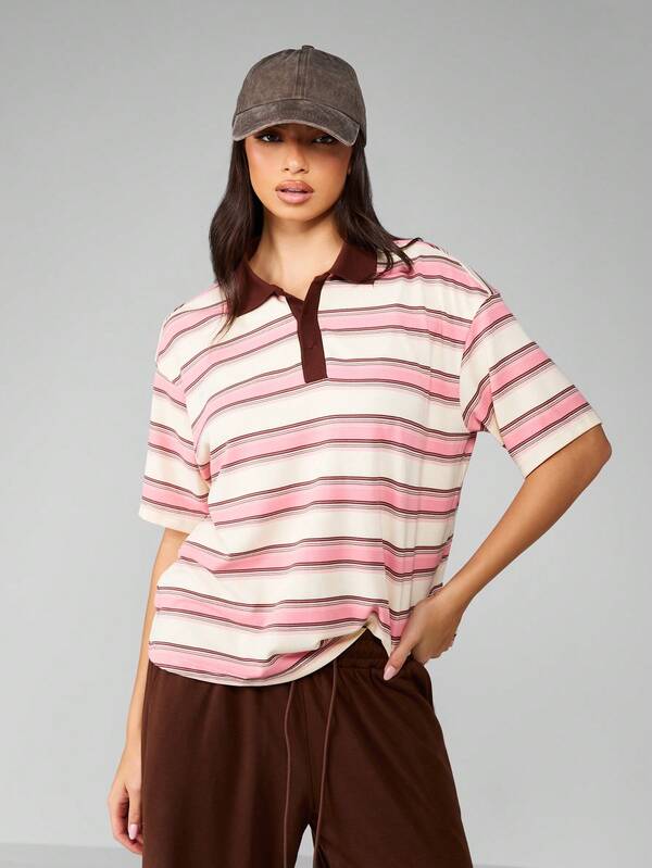 Missguided MISSGUIDED Striped Rugby Polo Shirt With Brown Collar