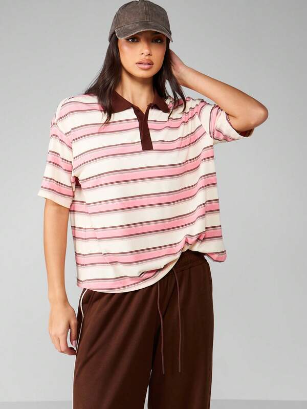 missguided MISSGUIDED Striped Rugby Polo Shirt With Brown Collar