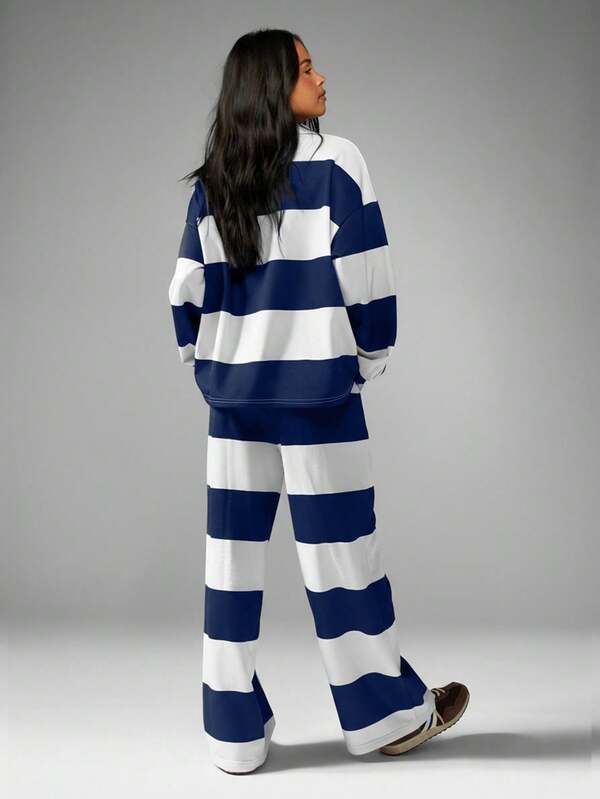 Missguided MISSGUIDED Striped Rugby Polo Sweatshirt With Wide Leg Pants Set