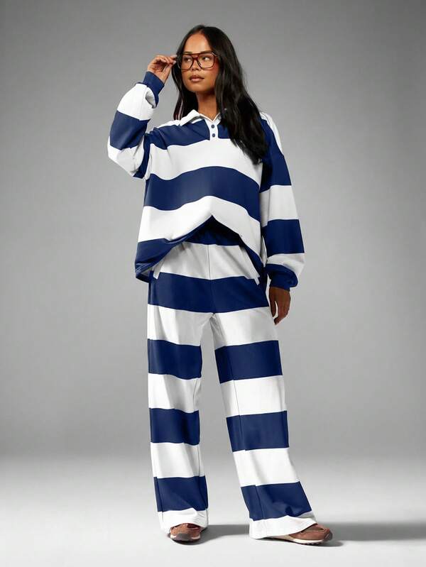 missguided MISSGUIDED Striped Rugby Polo Sweatshirt With Wide Leg Pants Set