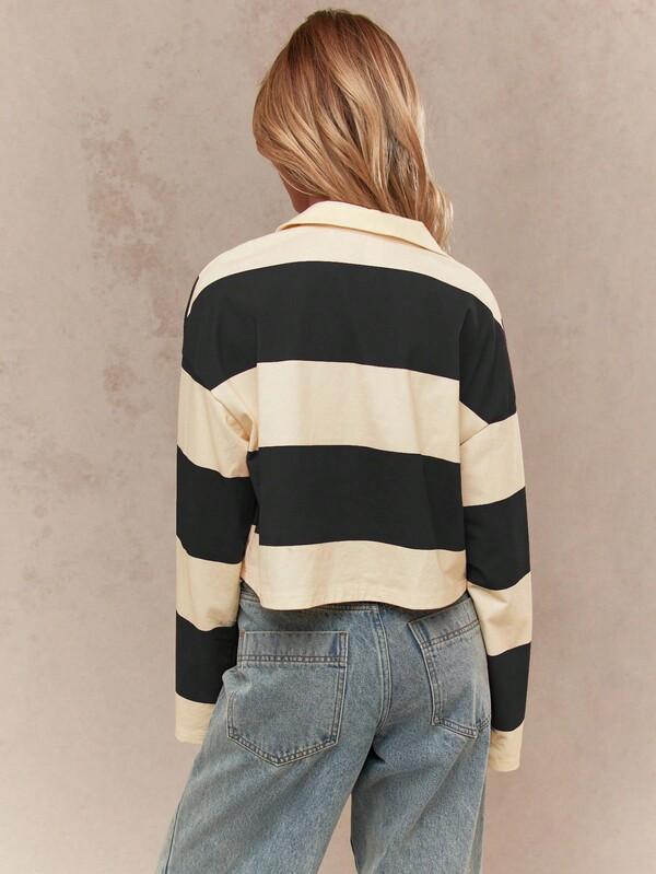 Missguided MISSGUIDED Striped Rugby Polo Top With Collared Neckline And Long Sleeves