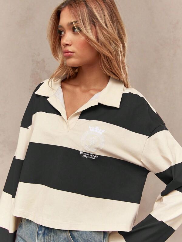 Missguided MISSGUIDED Striped Rugby Polo Top With Collared Neckline And Long Sleeves