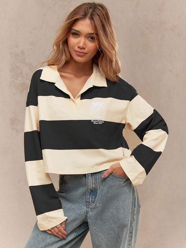 missguided MISSGUIDED Striped Rugby Polo Top With Collared Neckline And Long Sleeves