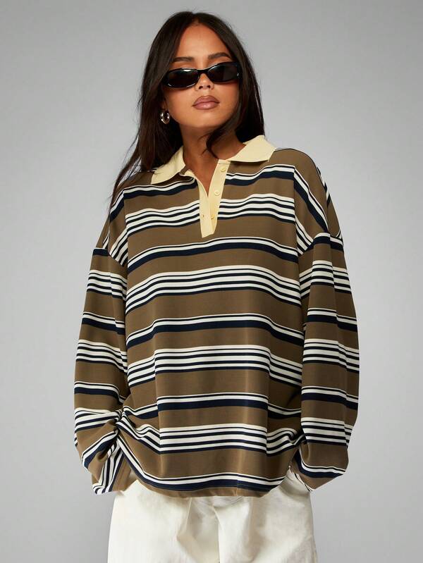 missguided MISSGUIDED Striped Rugby Polo Top With Contrast Collar