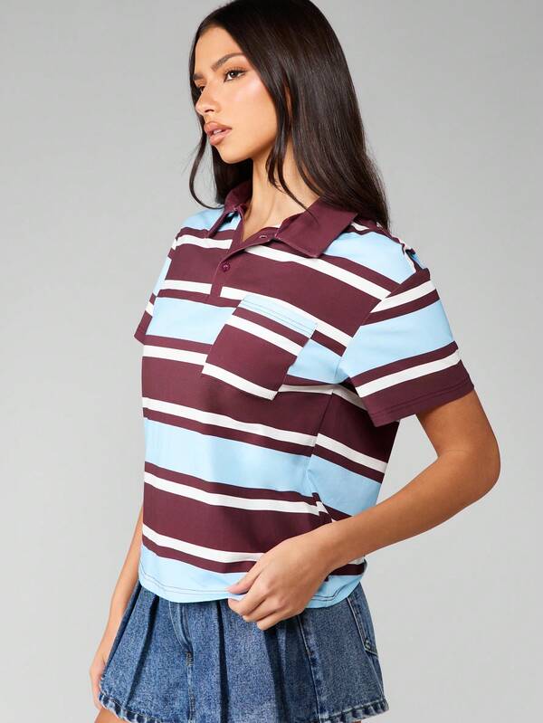missguided MISSGUIDED Striped Rugby Polo Top With Cropped Length