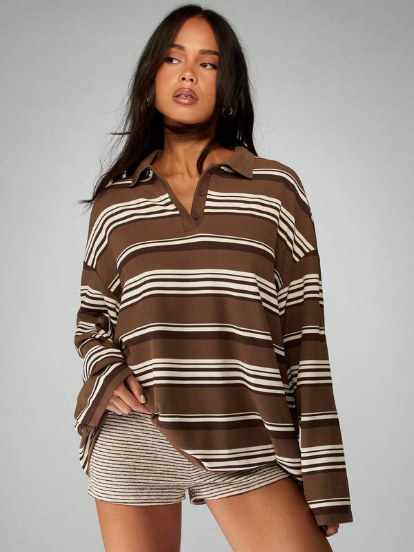 missguided MISSGUIDED Striped Rugby Polo Top With Long Sleeves