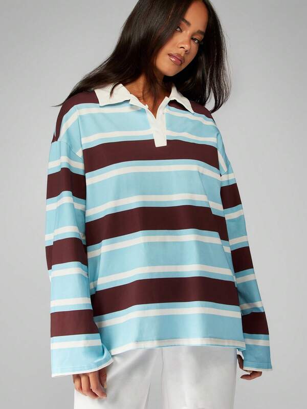 missguided MISSGUIDED Striped Rugby Polo With Contrast Collar And Cuffs