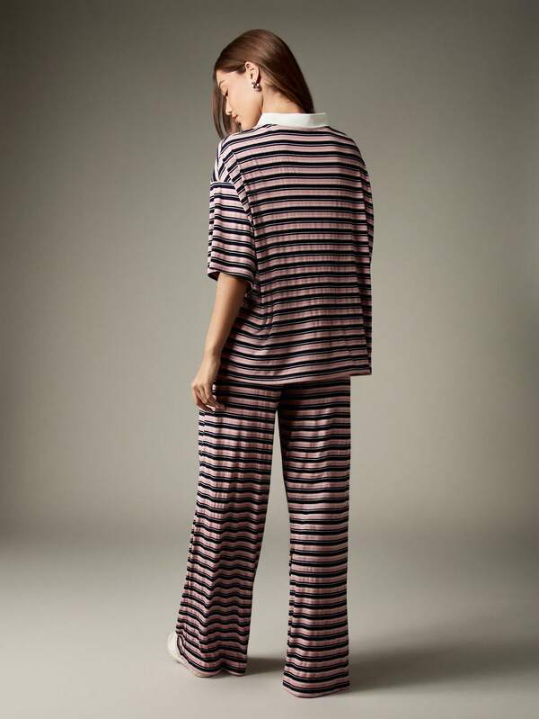 Missguided MISSGUIDED Striped Rugby Polo With Matching Wide Leg Pants