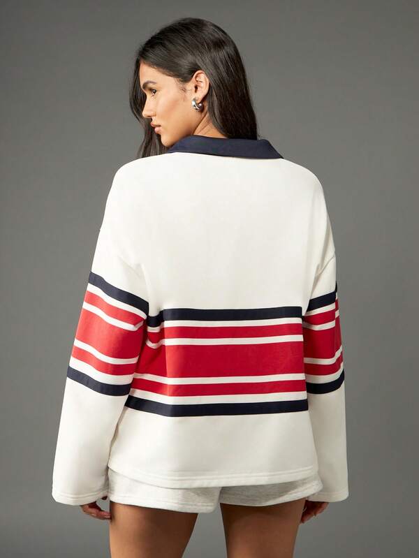 Missguided MISSGUIDED Striped Rugby Sweatshirt With Polo Collar And Sports Club Logo