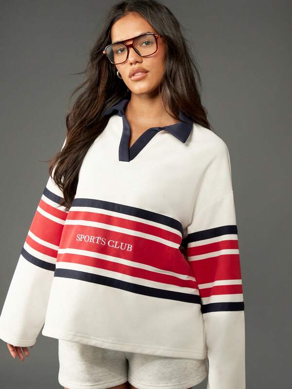 missguided MISSGUIDED Striped Rugby Sweatshirt With Polo Collar And Sports Club Logo