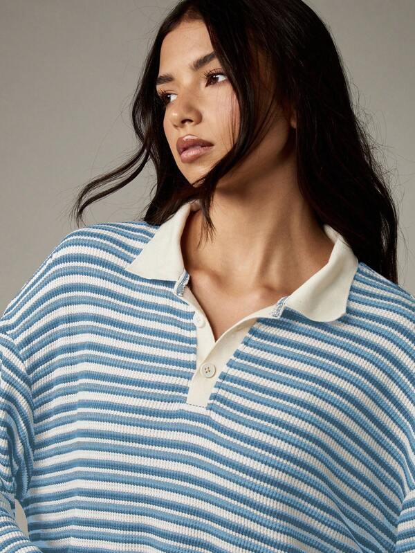 Missguided MISSGUIDED Striped Rugby Top And Shorts With Polo Collar