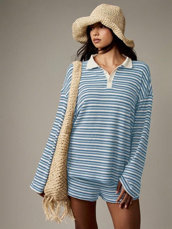 missguided MISSGUIDED Striped Rugby Top And Shorts With Polo Collar