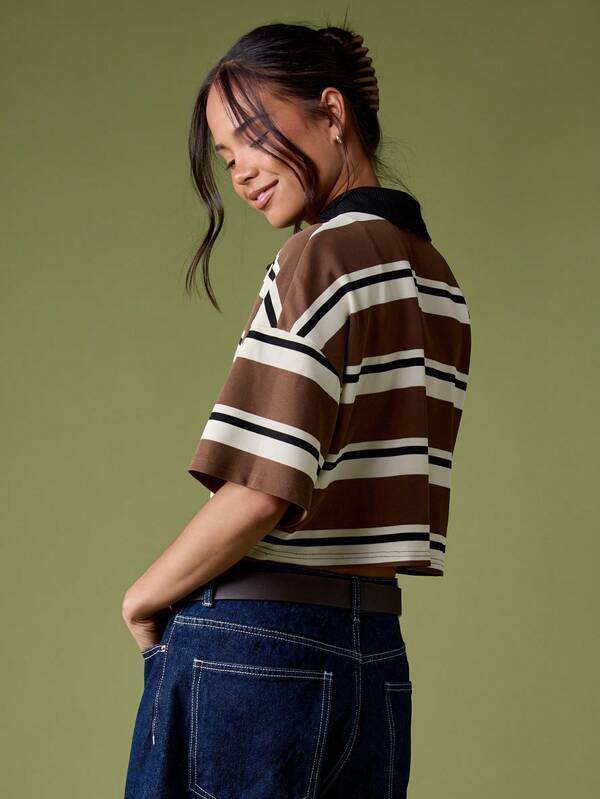 Missguided MISSGUIDED Striped Rugby Top With Contrast Collar