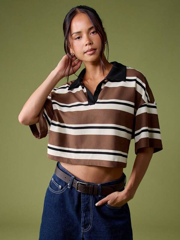 missguided MISSGUIDED Striped Rugby Top With Contrast Collar