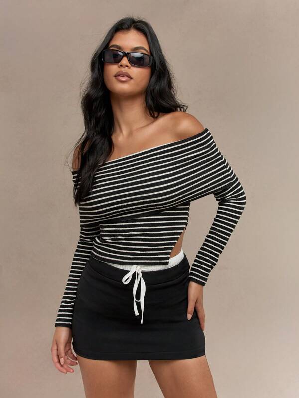 missguided MISSGUIDED Striped Side Slit Long Sleeves Bardot Top