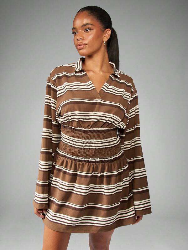 Missguided MISSGUIDED Striped Smocked Waist Mini Dress With Collar