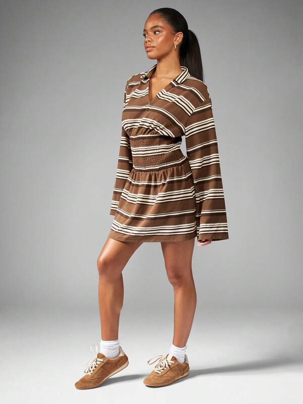 Missguided MISSGUIDED Striped Smocked Waist Mini Dress With Collar