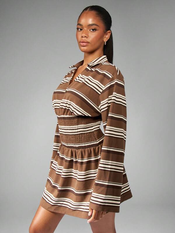 missguided MISSGUIDED Striped Smocked Waist Mini Dress With Collar