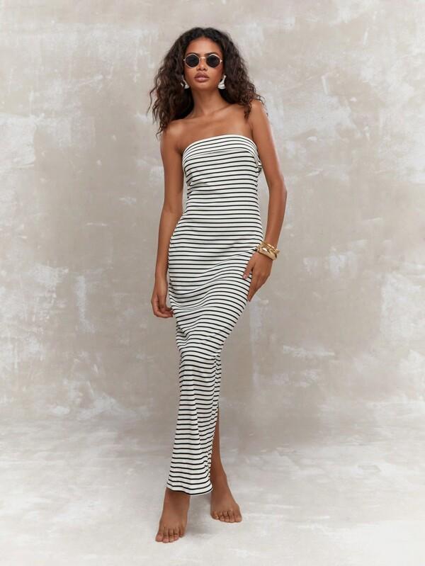 missguided MISSGUIDED Striped Texture Ribbed Bandeau Slit Back Maxi Dress