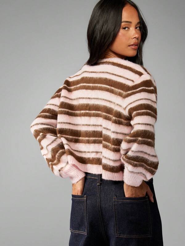 Missguided MISSGUIDED Striped Tie Front Cardigan With Ribbon Closure