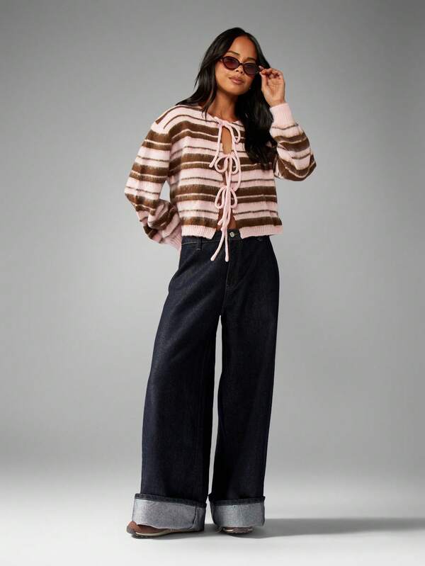 Missguided MISSGUIDED Striped Tie Front Cardigan With Ribbon Closure