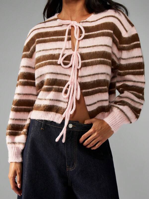 Missguided MISSGUIDED Striped Tie Front Cardigan With Ribbon Closure