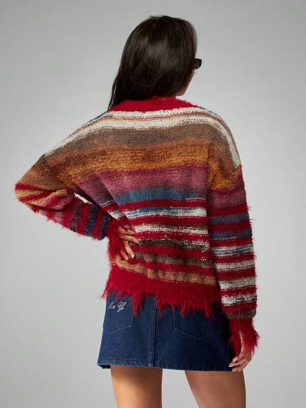 Missguided MISSGUIDED Striped Turtleneck Sweater With Fringe Hem Detail