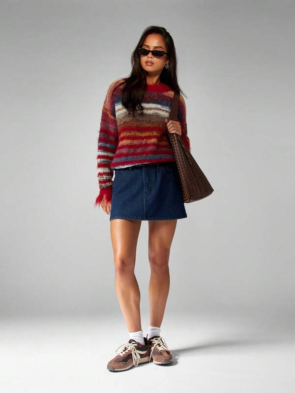 Missguided MISSGUIDED Striped Turtleneck Sweater With Fringe Hem Detail