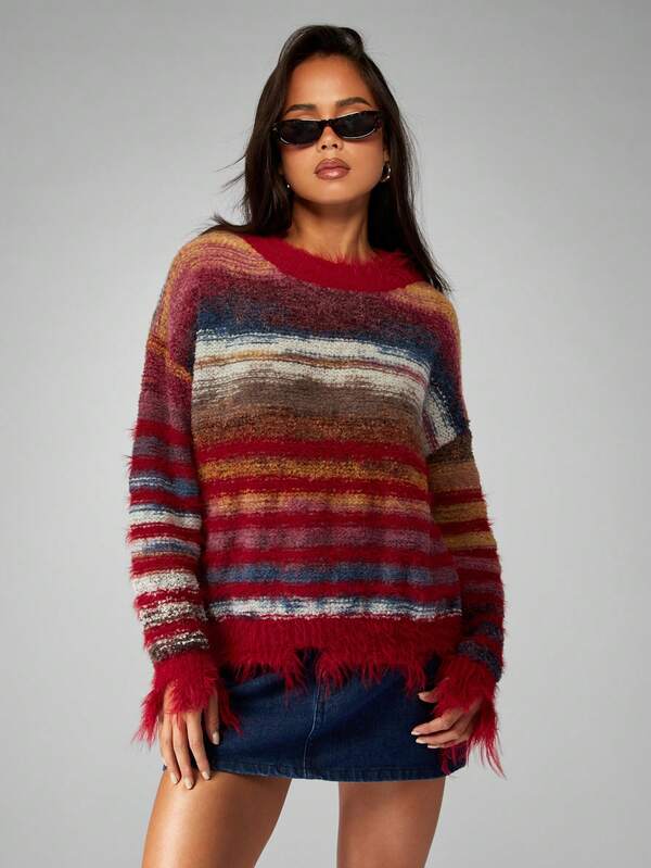 Missguided MISSGUIDED Striped Turtleneck Sweater With Fringe Hem Detail