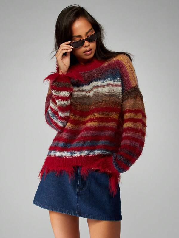 missguided MISSGUIDED Striped Turtleneck Sweater With Fringe Hem Detail