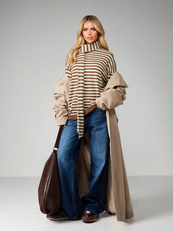 Missguided MISSGUIDED Striped Turtleneck Sweater With Scarf