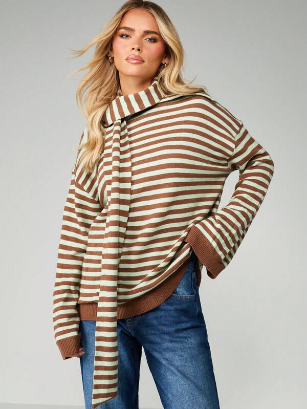 missguided MISSGUIDED Striped Turtleneck Sweater With Scarf