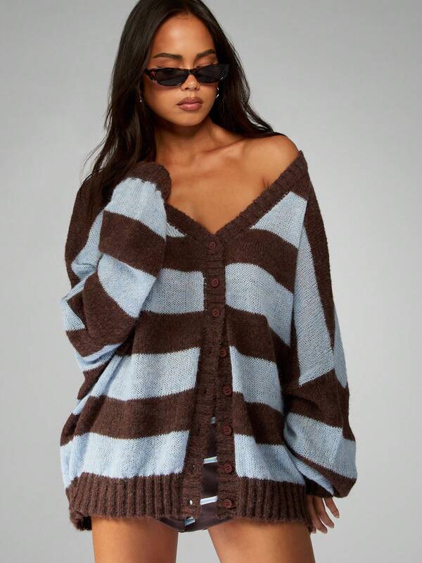 Missguided MISSGUIDED Striped V Neck Button Down Oversized Cardigan