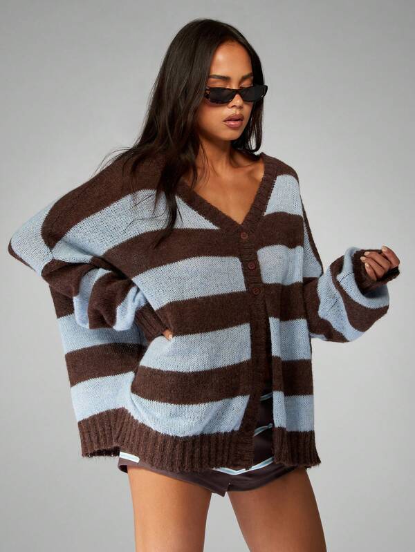 missguided MISSGUIDED Striped V Neck Button Down Oversized Cardigan