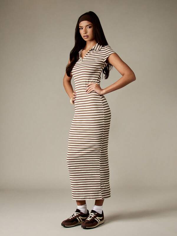 Missguided MISSGUIDED Striped V-Neck Ribbed Maxi Dress With Cap Sleeves