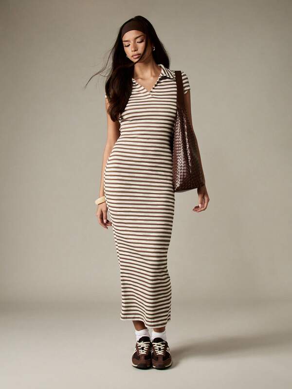 missguided MISSGUIDED Striped V-Neck Ribbed Maxi Dress With Cap Sleeves