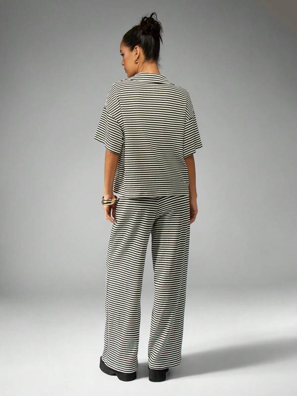 Missguided MISSGUIDED Striped Wide Leg Casual Wide Collar Women Two-Piece Outfits