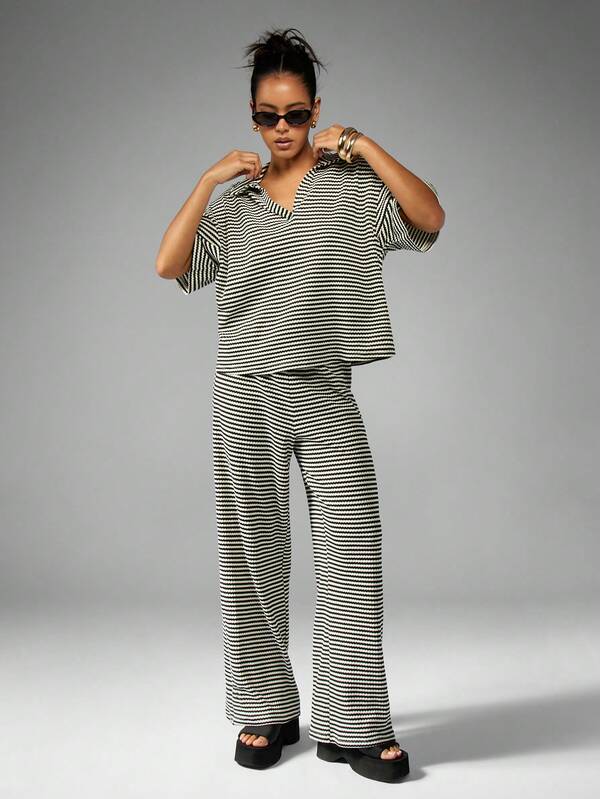 Missguided MISSGUIDED Striped Wide Leg Casual Wide Collar Women Two-Piece Outfits