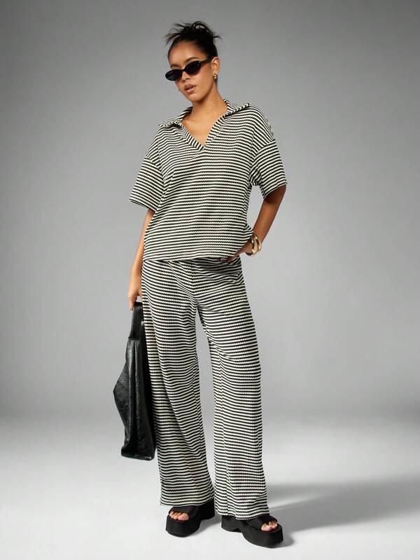 missguided MISSGUIDED Striped Wide Leg Casual Wide Collar Women Two-Piece Outfits