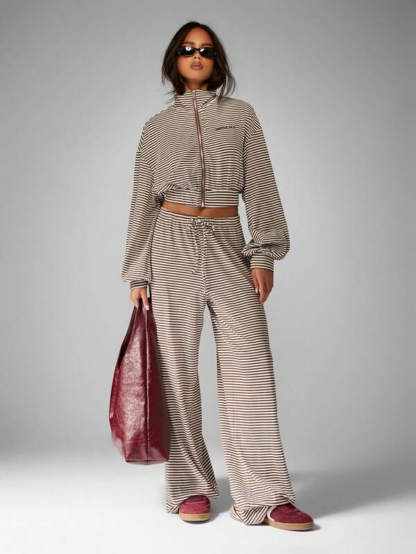 missguided MISSGUIDED Striped Zip Up Jacket With Wide Leg Pants