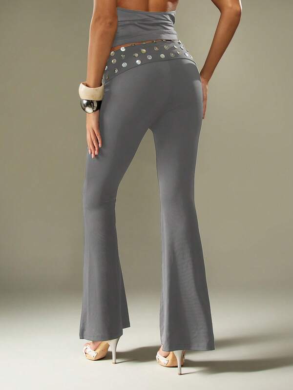 Missguided MISSGUIDED Studded Belt Flare Pants With Foldover Waist