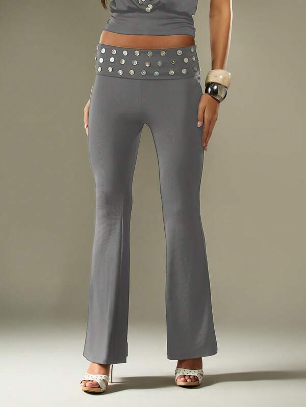 Missguided MISSGUIDED Studded Belt Flare Pants With Foldover Waist