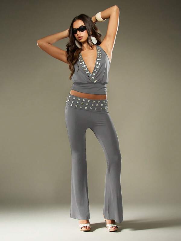 Missguided MISSGUIDED Studded Belt Flare Pants With Foldover Waist