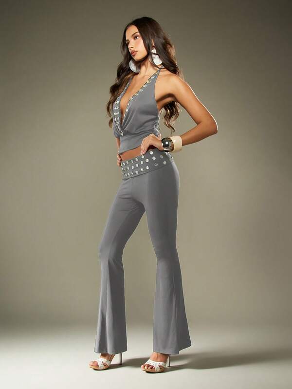 missguided MISSGUIDED Studded Belt Flare Pants With Foldover Waist