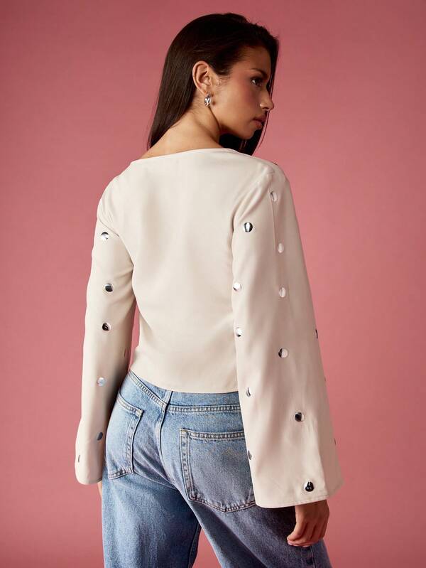 Missguided MISSGUIDED Studded Blouse With Tie Front And Puff Sleeves