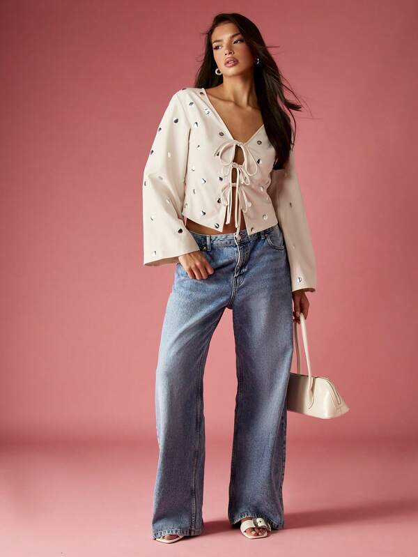 Missguided MISSGUIDED Studded Blouse With Tie Front And Puff Sleeves